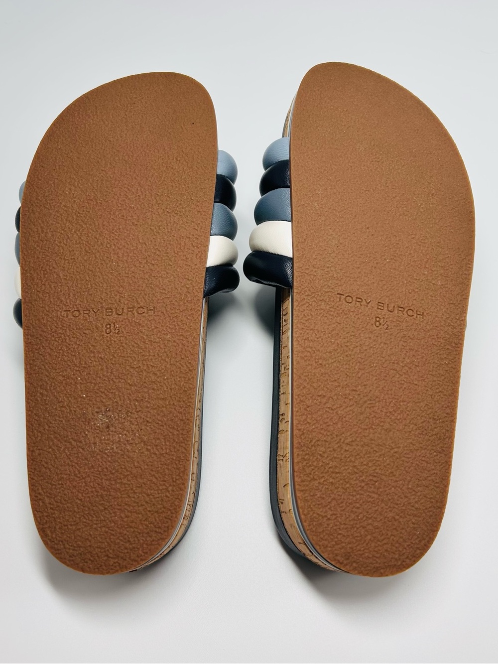 Tory Burch quilted platform slide sandals, colorblock navy, white, & blue. 8.5 - Picture 8 of 9